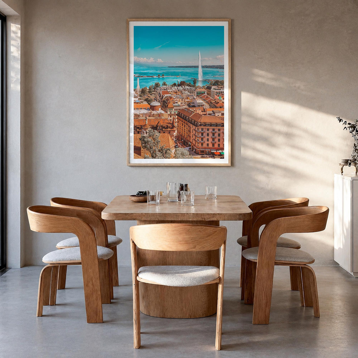 Geneva colorful photo poster of Switzerland – vertical wall art in natural wood frame with white border, hanging on wall