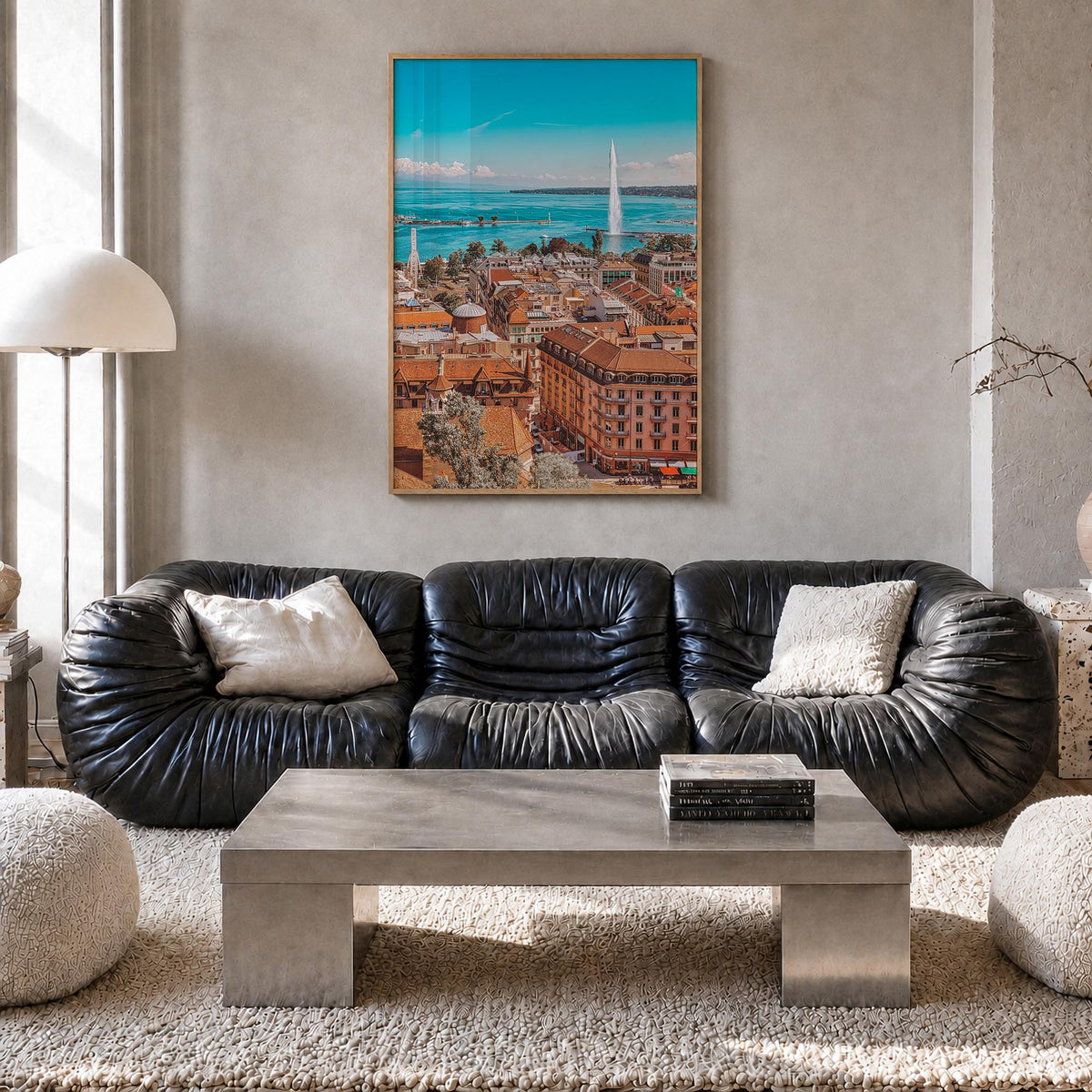 Geneva colorful photo poster of Switzerland – vertical wall art in natural wood frame, hanging on wall