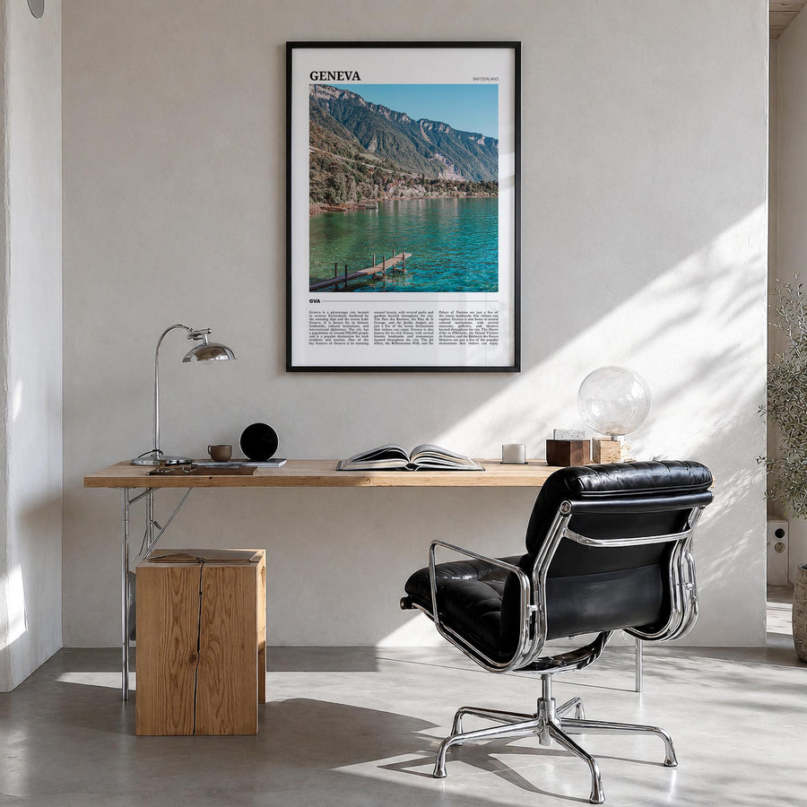 Geneva colorful travel poster of Switzerland – vertical wall art in black wood frame, hanging on wall