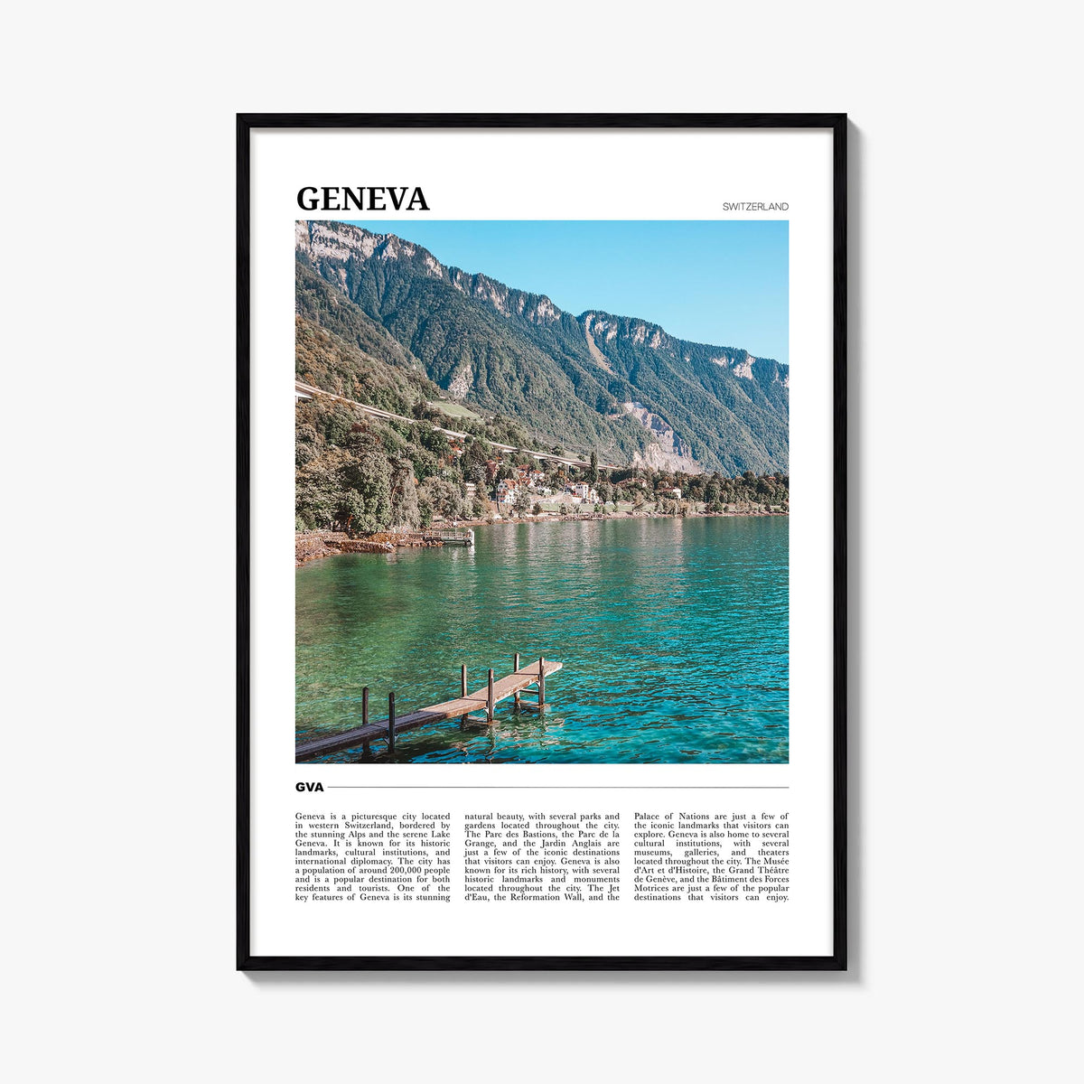 Geneva colorful travel poster of Switzerland – vertical wall art, unframed print shown in interior mockup