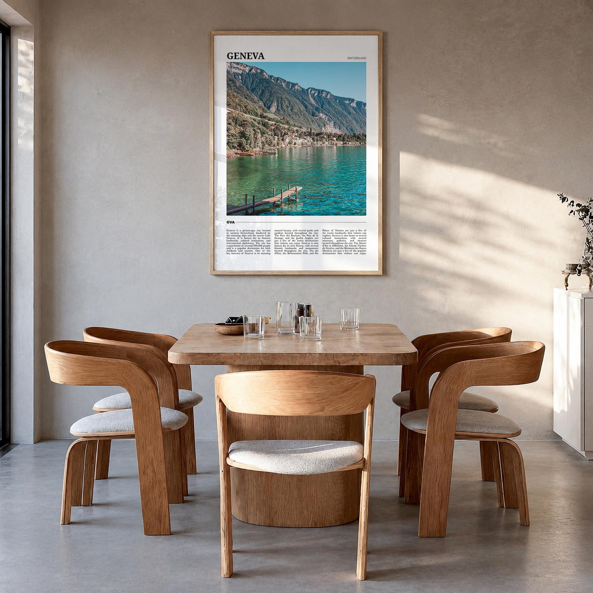 Geneva colorful travel poster of Switzerland – vertical wall art in natural wood frame, hanging on wall