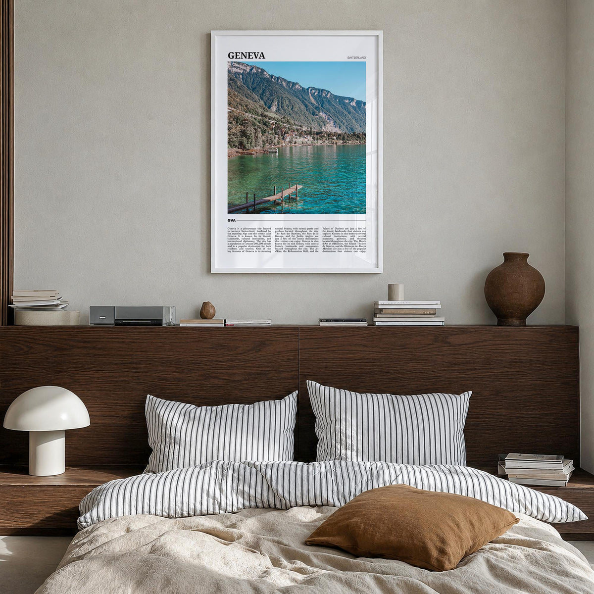 Geneva colorful travel poster of Switzerland – vertical wall art in white wood frame, hanging on wall