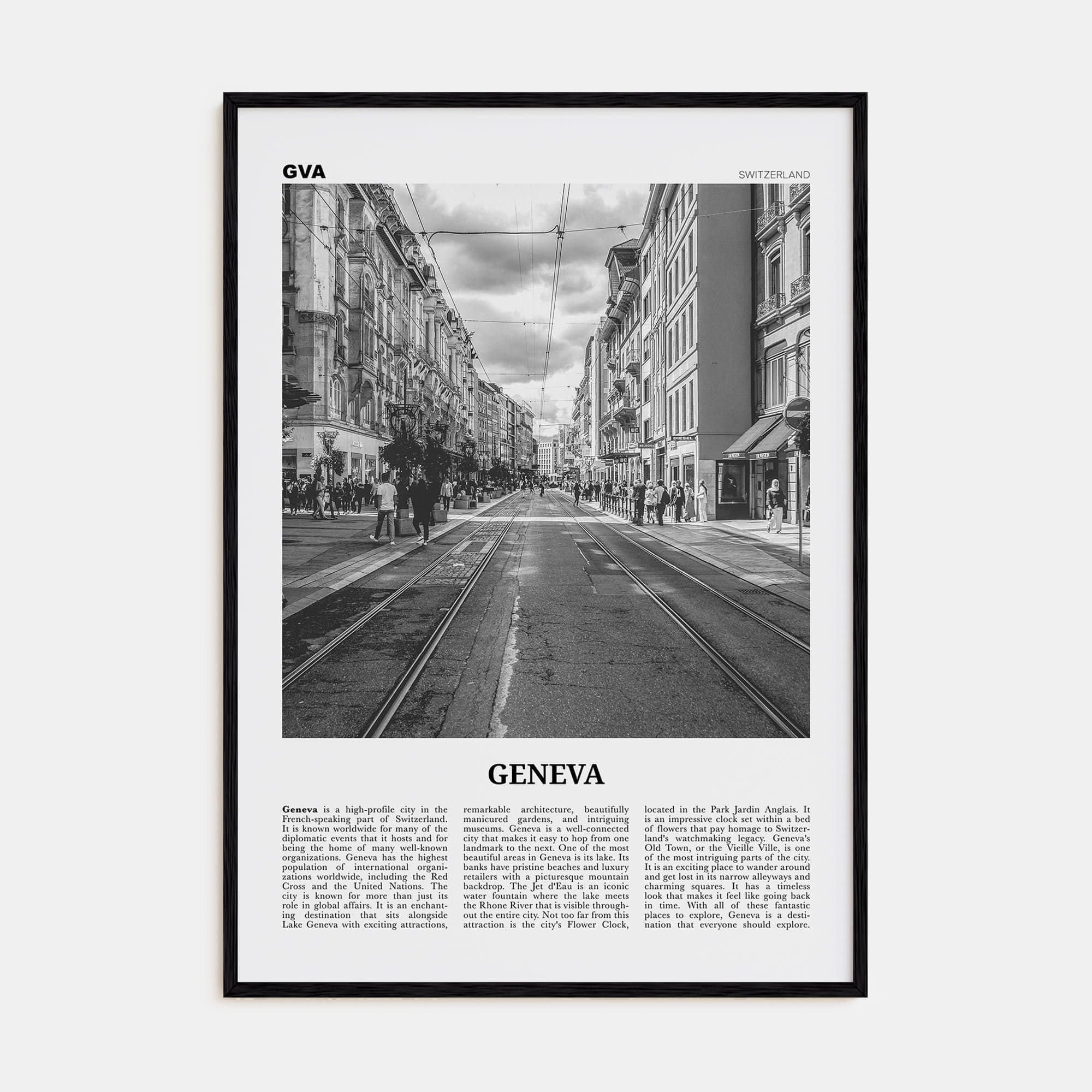 Geneva Poster Black Wood / 8x12 in Nbourhood Travel B&W Poster