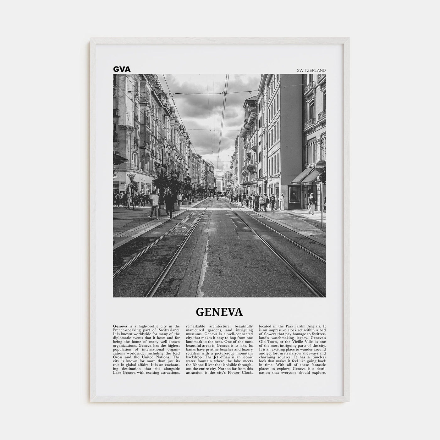 Geneva Poster White Wood / 8x12 in Nbourhood Travel B&W Poster