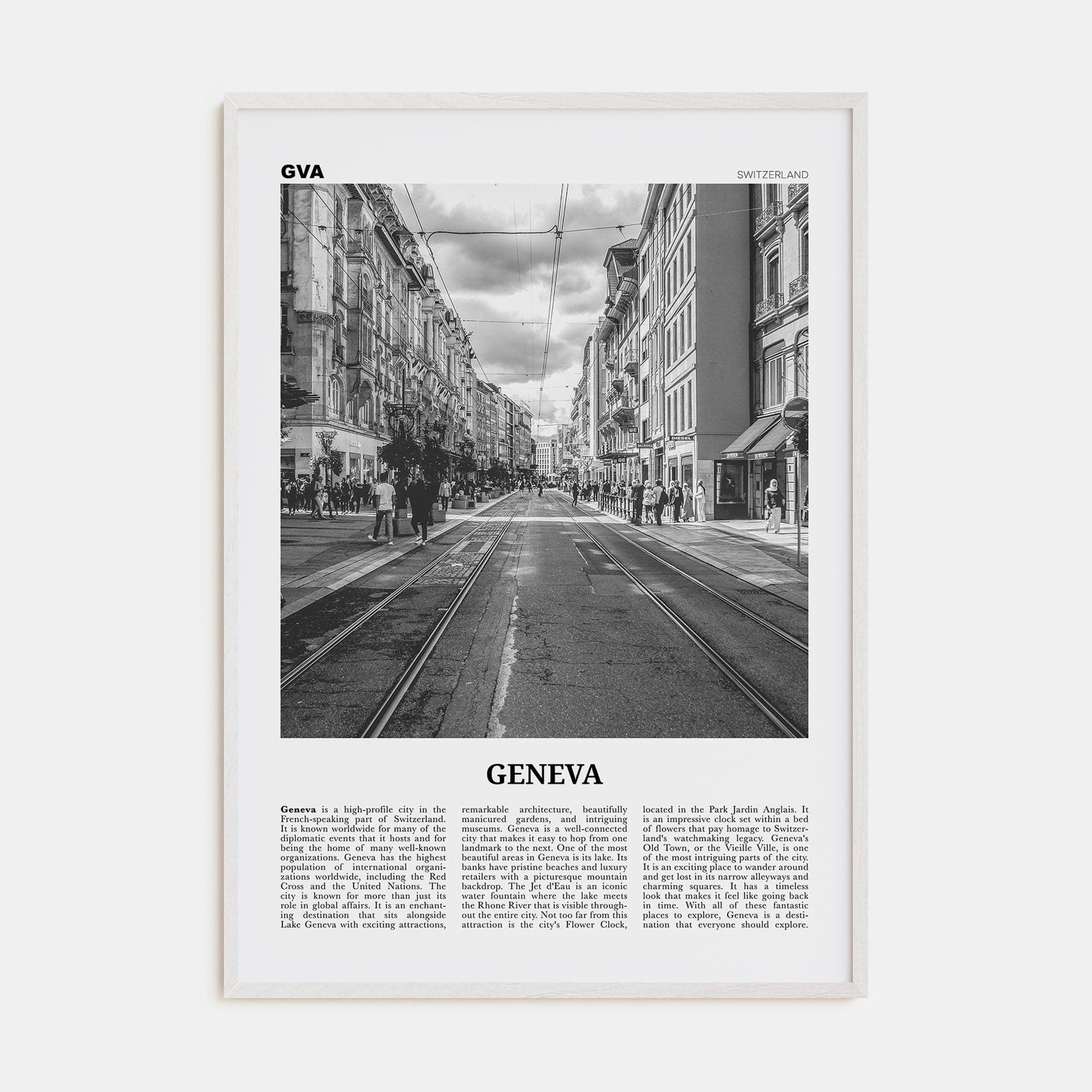 Geneva Poster White Wood / 8x12 in Nbourhood Travel B&W Poster