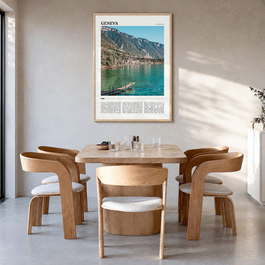Geneva Travel Poster in a natural wood frame, hanging in a dining room