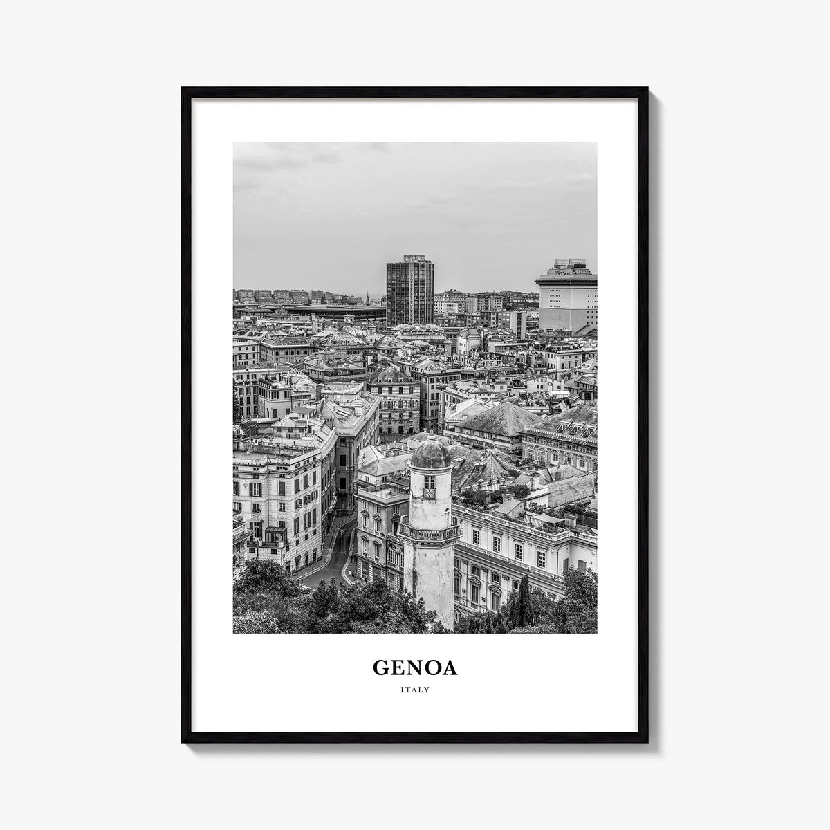 Genoa black & white classic poster of Italy – vertical wall art, unframed print shown in interior mockup