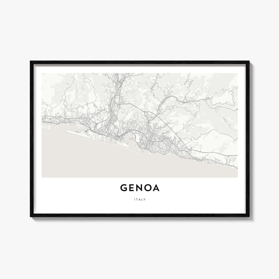 Genoa black & white map poster of Italy – horizontal wall art, unframed print shown in interior mockup