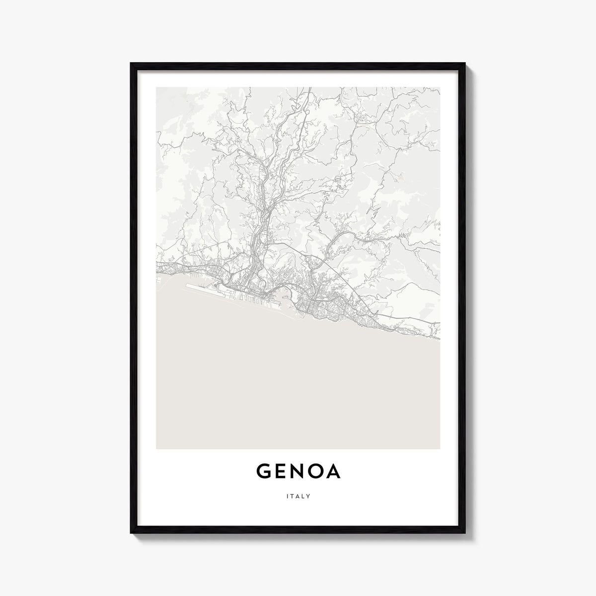 Genoa black & white map poster of Italy – vertical wall art, unframed print shown in interior mockup