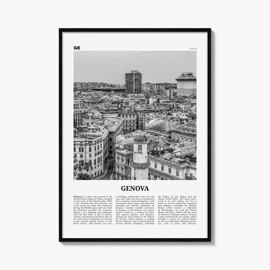 Genoa no. 2 black & white newspaper poster of Genova, Italy – vertical wall art, unframed print shown in interior mockup