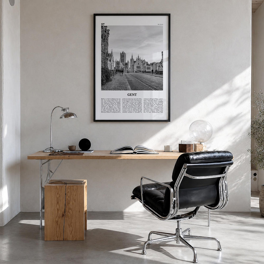 Gent black & white newspaper poster of Belgium – vertical wall art in black wood frame, hanging on wall