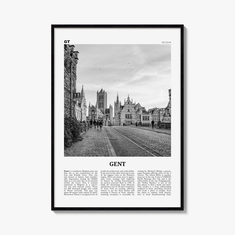 Gent black & white newspaper poster of Belgium – vertical wall art, unframed print shown in interior mockup