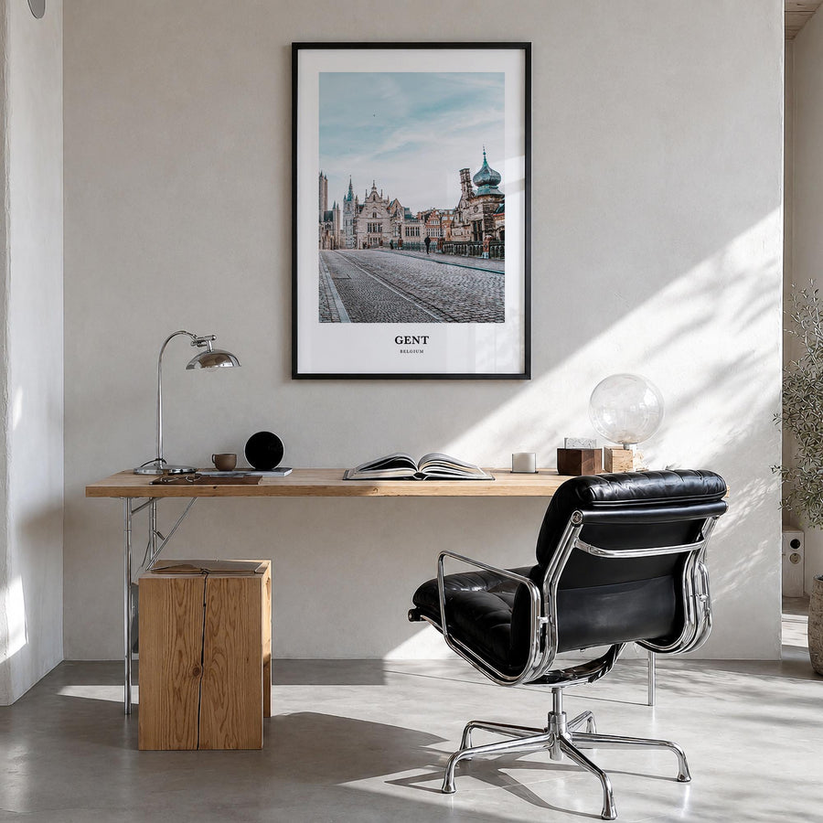 Gent colorful classic poster of Belgium – vertical wall art in black wood frame, hanging on wall