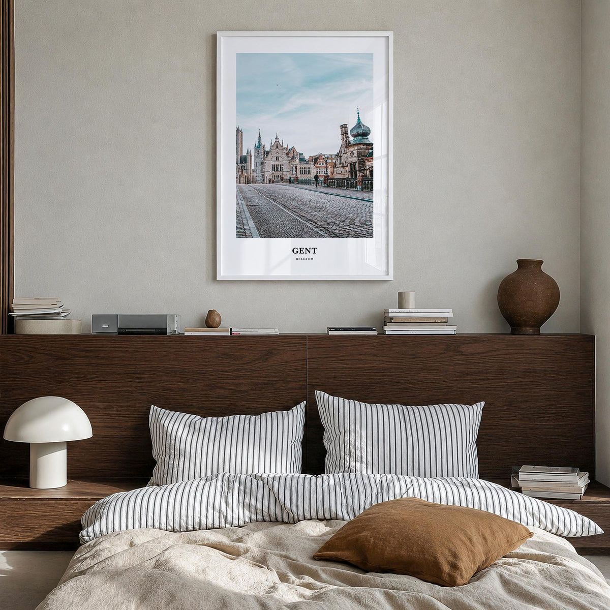 Gent colorful classic poster of Belgium – vertical wall art in white wood frame, hanging on wall