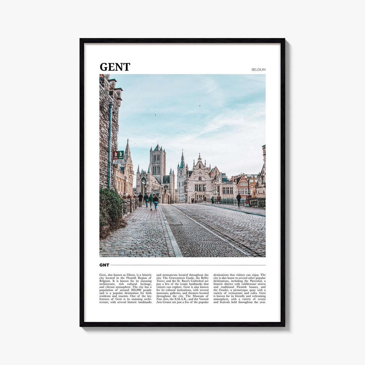 Gent colorful travel poster of Belgium – vertical wall art, unframed print shown in interior mockup