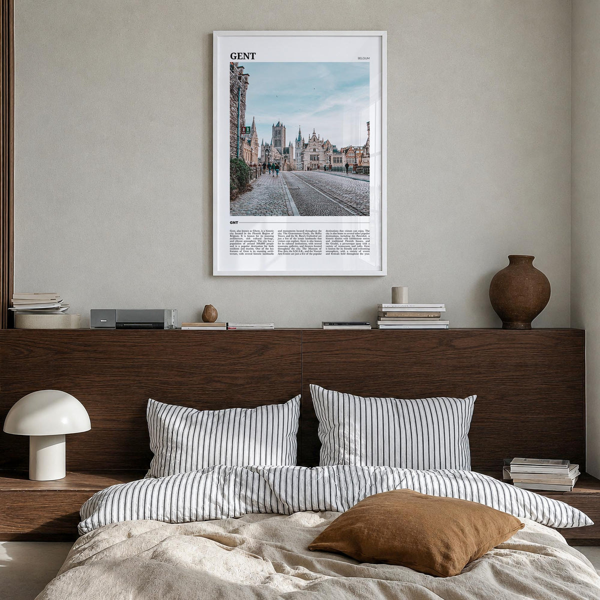 Gent colorful travel poster of Belgium – vertical wall art in white wood frame, hanging on wall