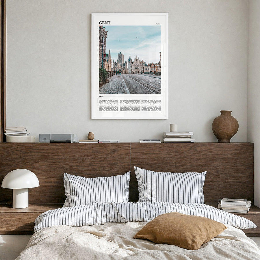 Gent Travel Poster in a white wood frame, hanging in a bedroom