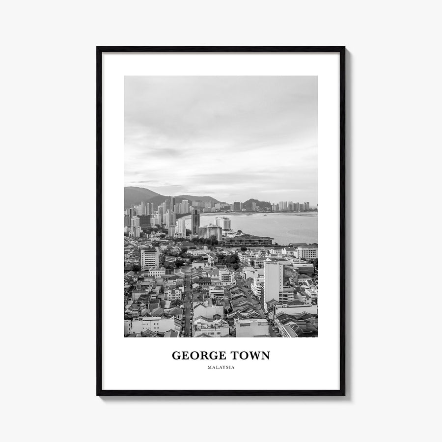 George Town, Malaysia black & white classic poster of Malaysia – vertical wall art, unframed print shown in interior mockup