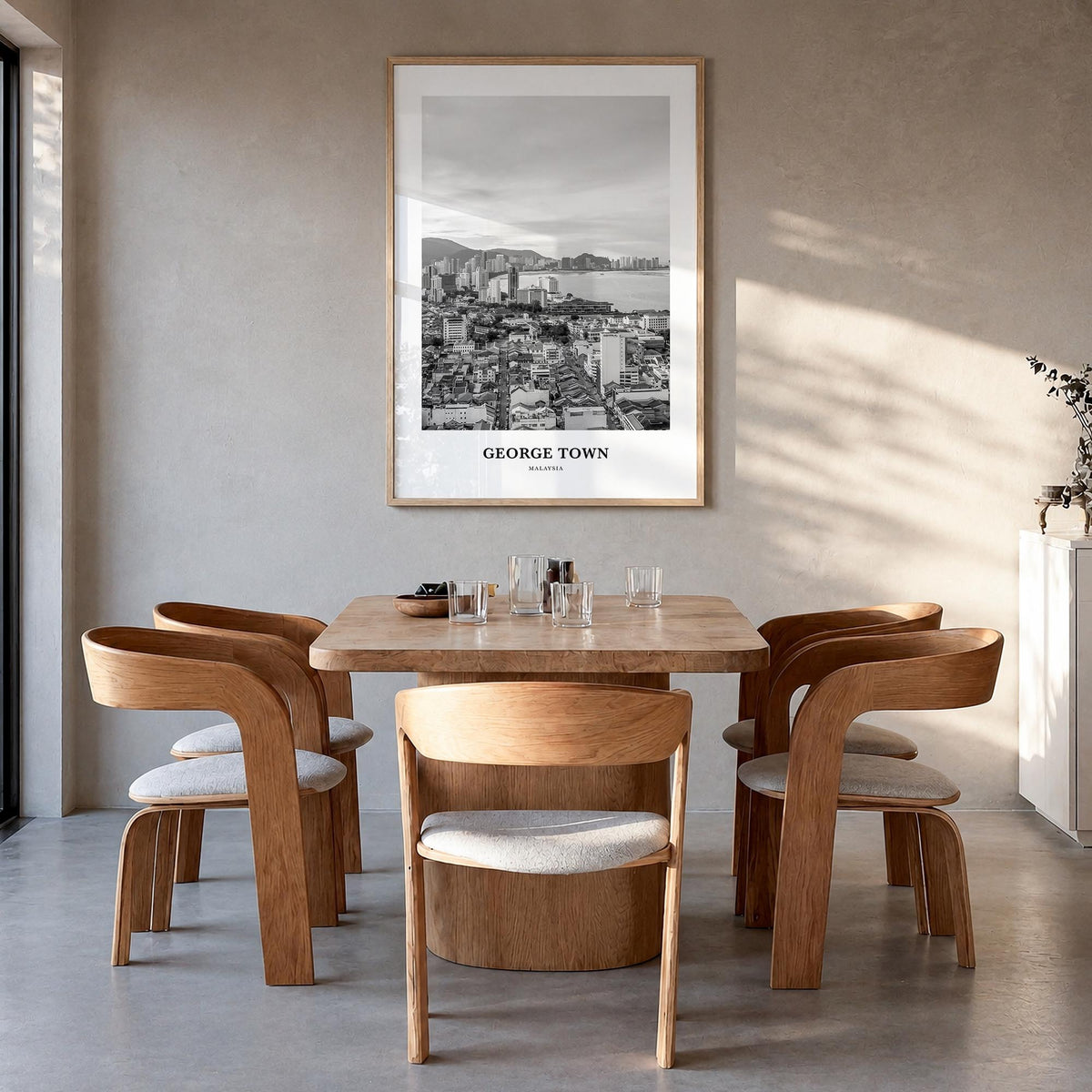 George Town, Malaysia black & white classic poster of Malaysia – vertical wall art in natural wood frame, hanging on wall
