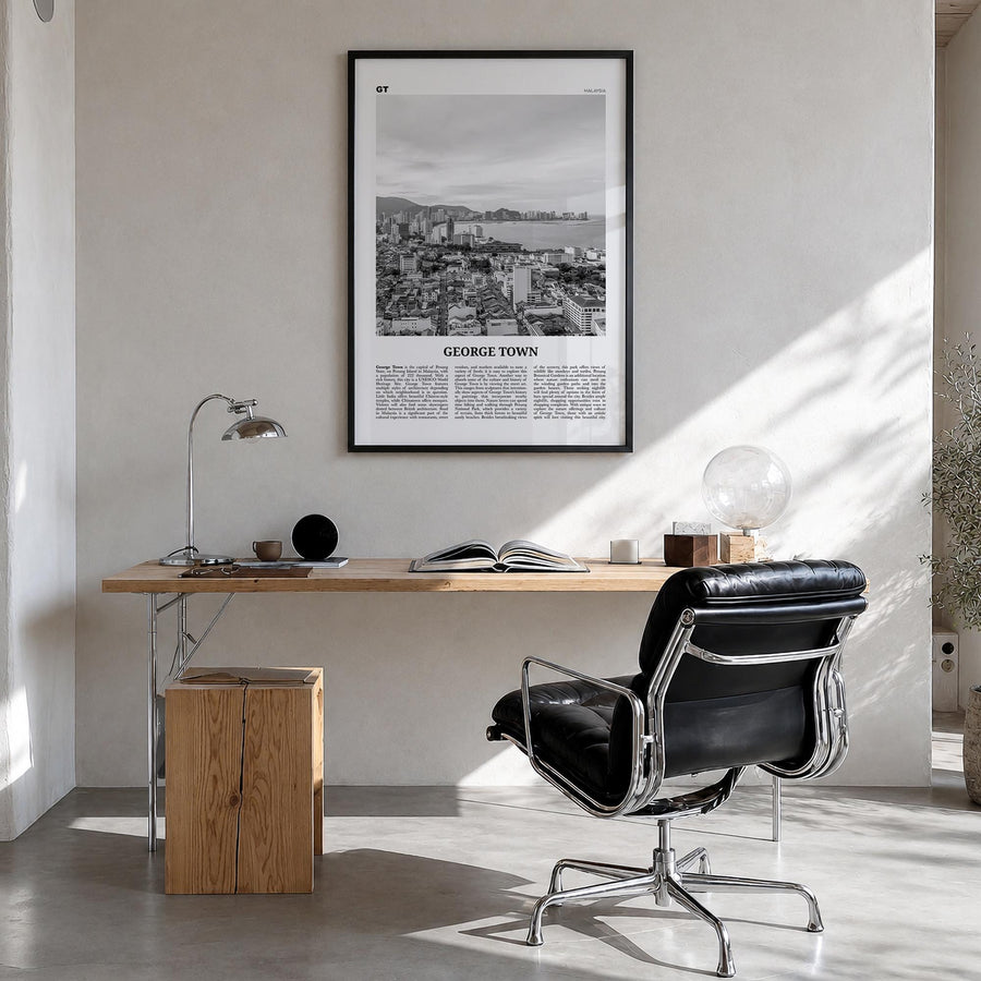 George Town, Malaysia black & white newspaper poster of Malaysia – vertical wall art in black wood frame, hanging on wall