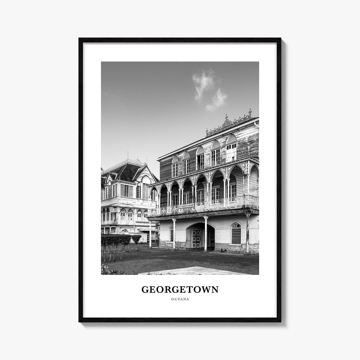 Georgetown, Guyana black & white classic poster of Guyana – vertical wall art, unframed print shown in interior mockup