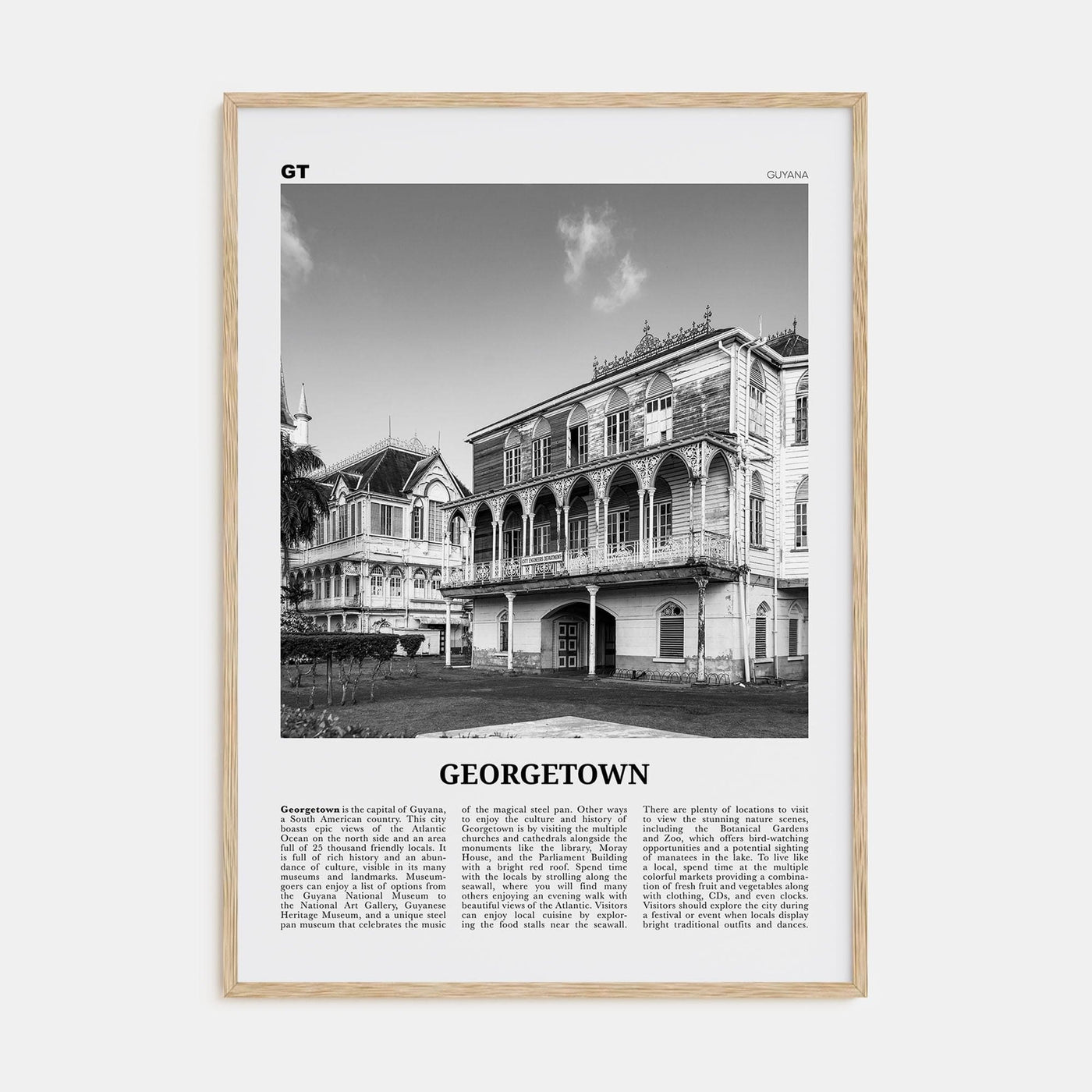 Georgetown, Guyana Poster Natural Wood / 8x12 in Nbourhood Travel B&W Poster