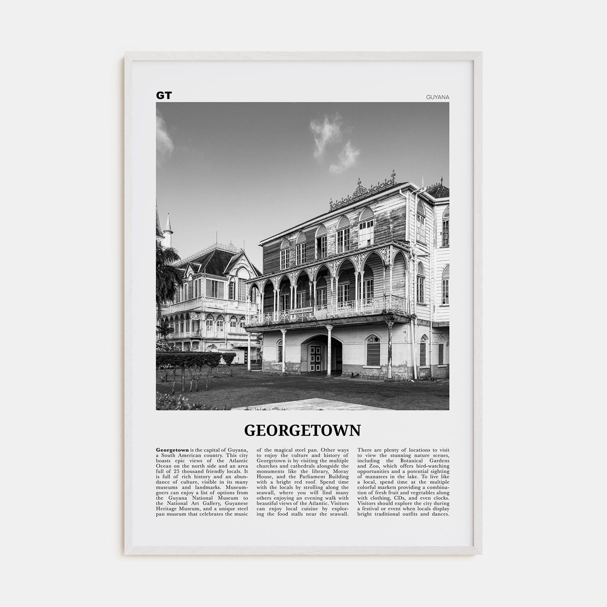 Georgetown, Guyana Poster White Wood / 8x12 in Nbourhood Travel B&W Poster