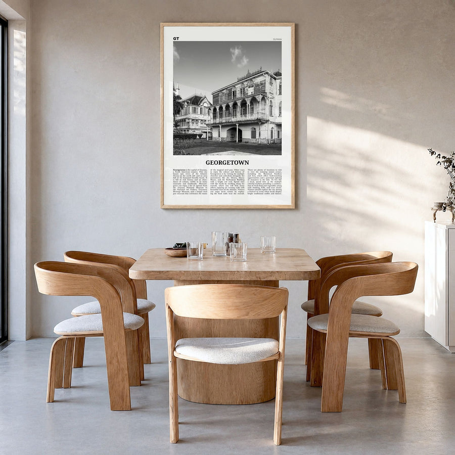 Georgetown, Guyana Newspaper Poster in a natural wood frame, hanging in a dining room