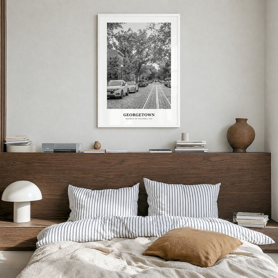 Georgetown, Washington, D.C. Classic Poster in a white wood frame, hanging in a bedroom