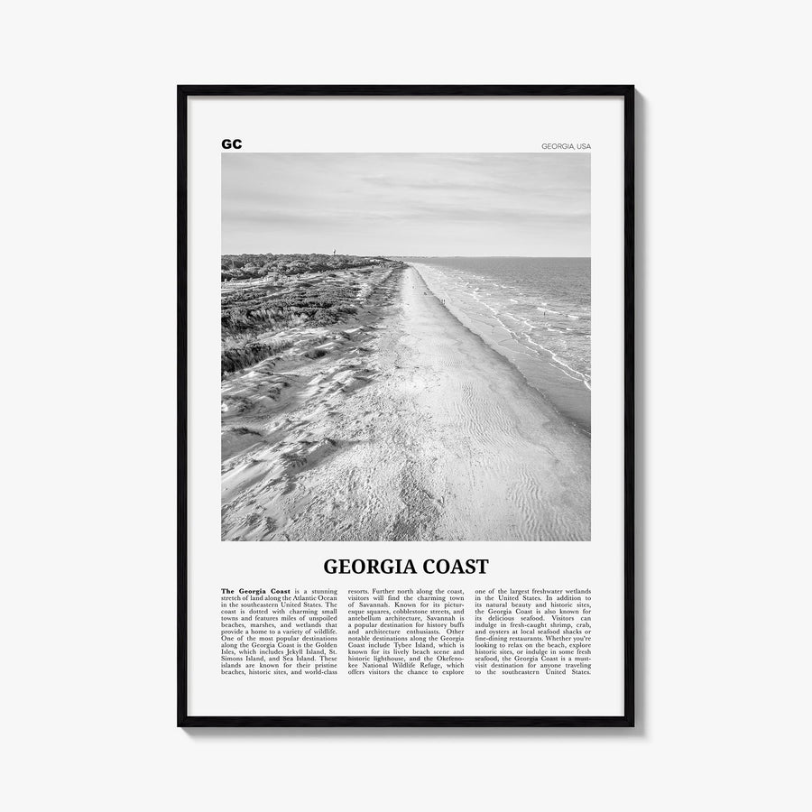 Georgia Coast black & white newspaper poster of Georgia, USA – vertical wall art, unframed print shown in interior mockup