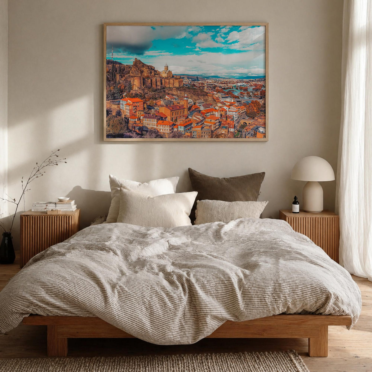 Georgia (Country) colorful photo poster of Georgia – horizontal wall art in natural wood frame, hanging on wall