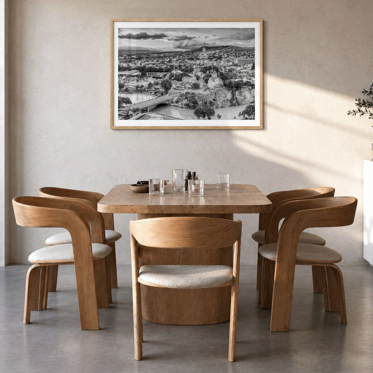 Georgia (Country) Photo Poster in a natural wood frame, hanging in a dining room, white border