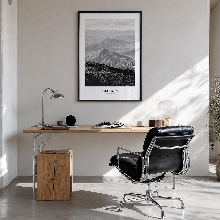 Georgia black & white classic poster of United States – vertical wall art in black wood frame, hanging on wall