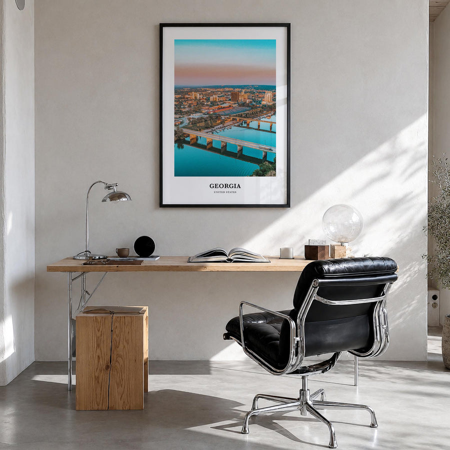 Georgia colorful classic poster of United States – vertical wall art in black wood frame, hanging on wall