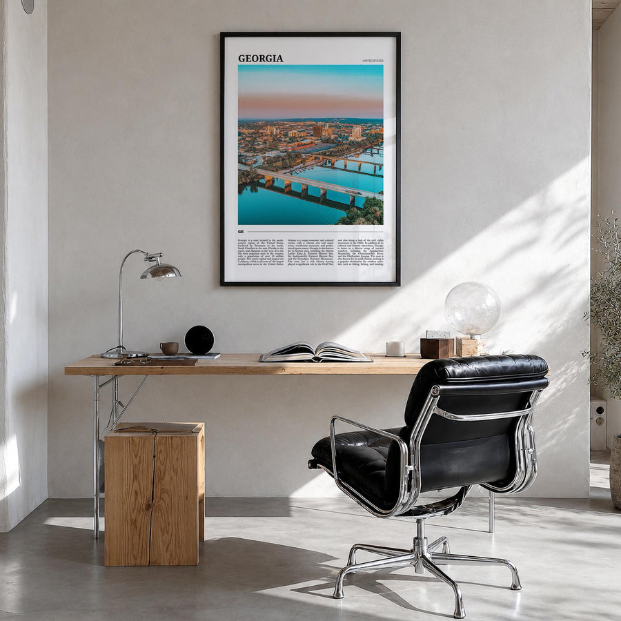 Georgia colorful travel poster of United States – vertical wall art in black wood frame, hanging on wall