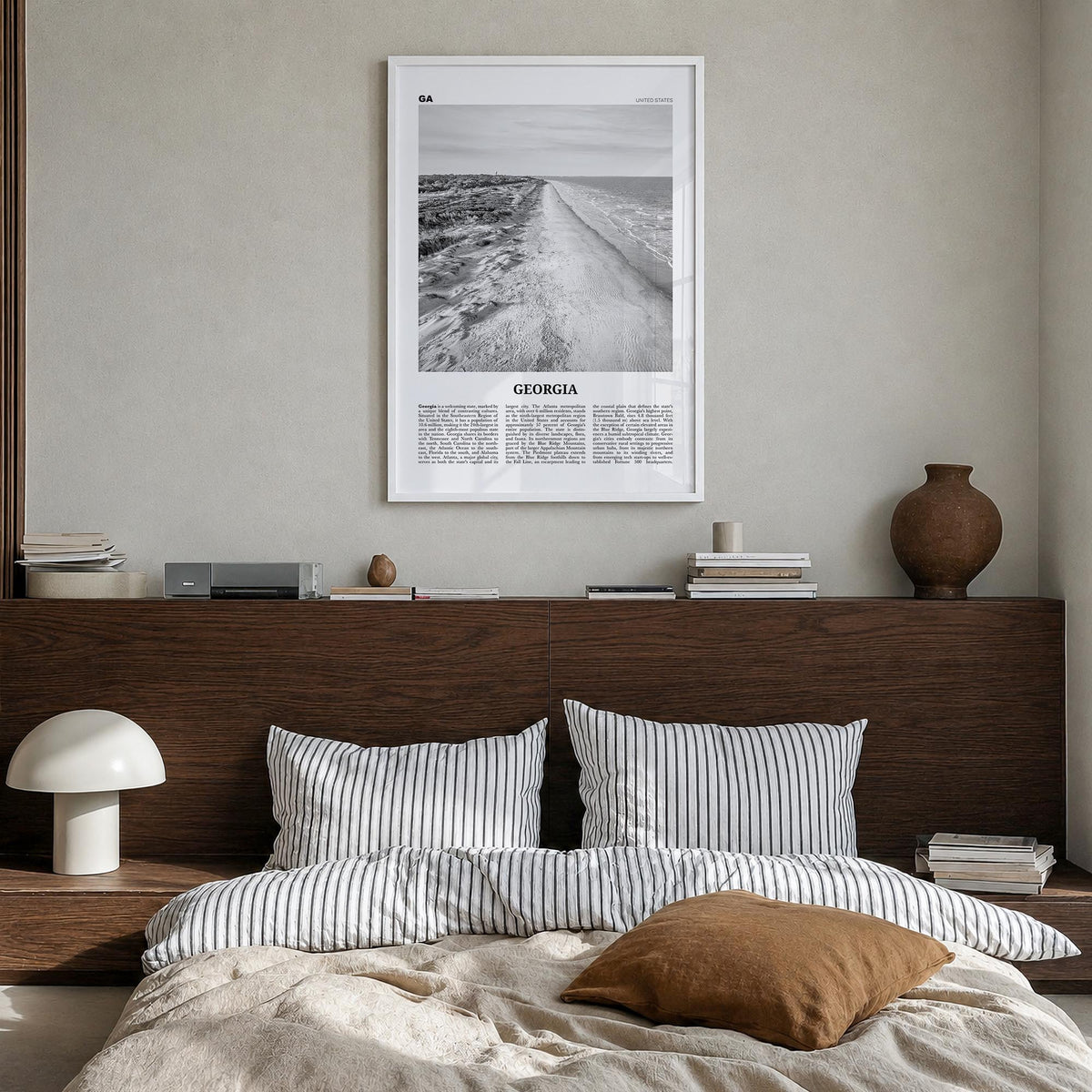 Georgia no. 3 black & white newspaper poster of United States – vertical wall art in white wood frame, hanging on wall
