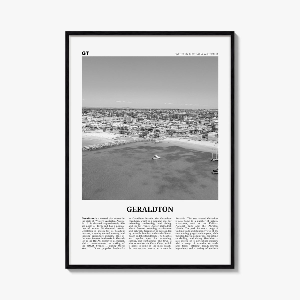 Geraldton black & white newspaper poster of Australia – vertical wall art, unframed print shown in interior mockup