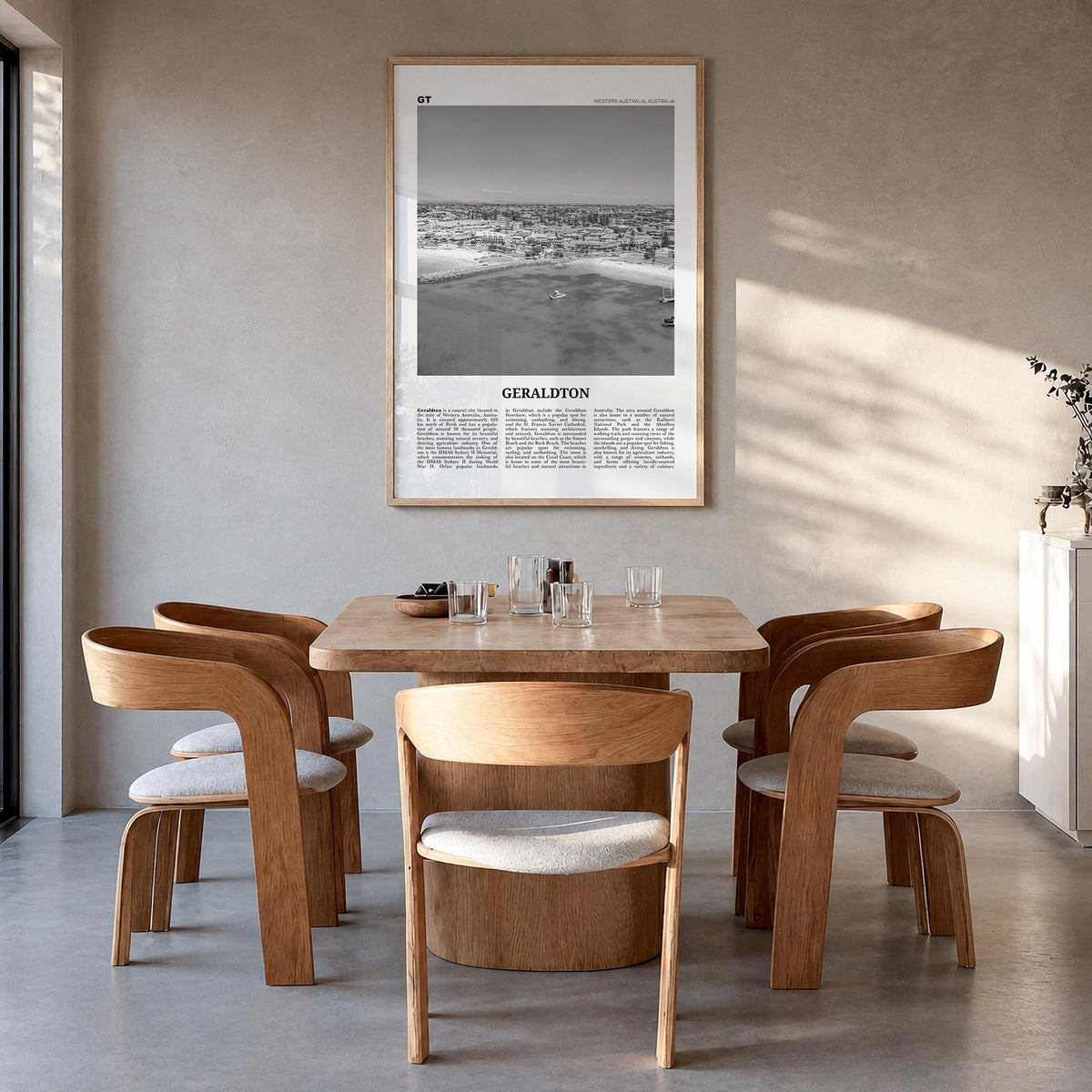 Geraldton black & white newspaper poster of Australia – vertical wall art in natural wood frame, hanging on wall
