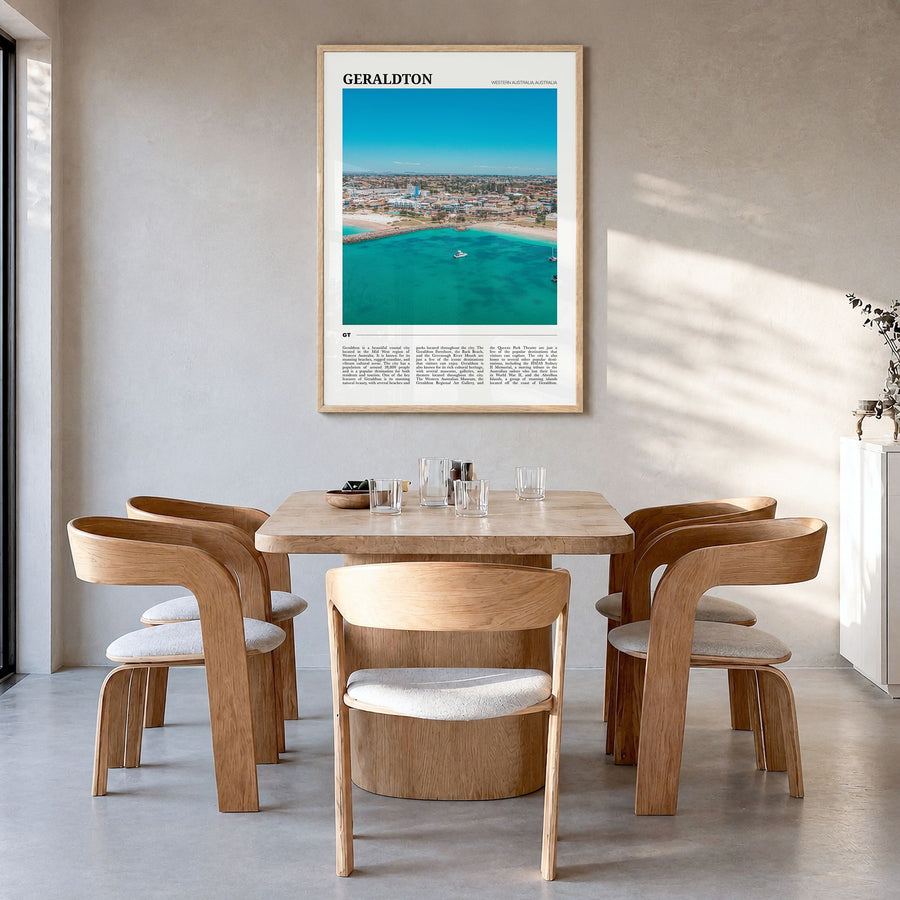 Geraldton Travel Poster in a natural wood frame, hanging in a dining room