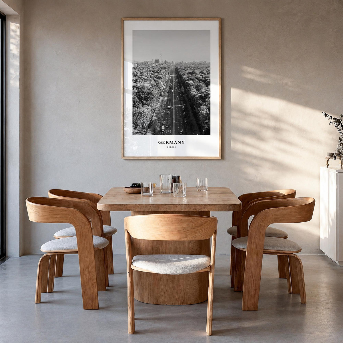 Germany black & white classic poster of Europe – vertical wall art in natural wood frame, hanging on wall