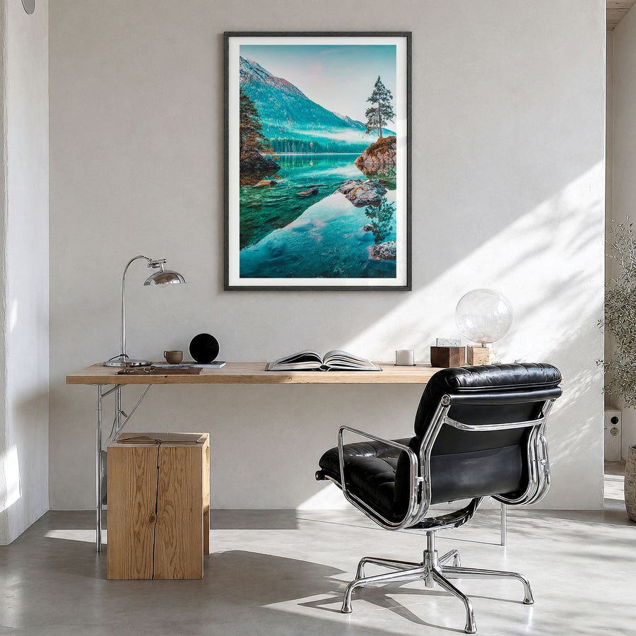 Germany Photo Poster in a black wood frame, hanging in a bright home office, white border