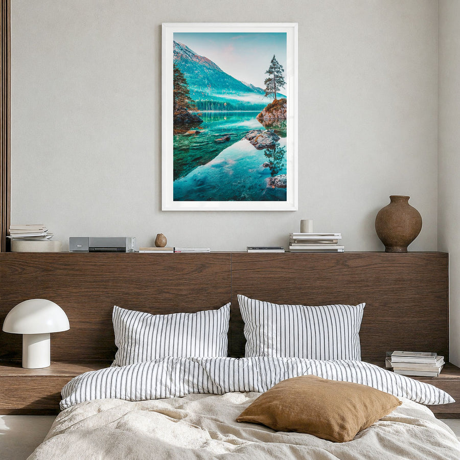 Germany Photo Poster in a white wood frame, hanging in a bedroom, white border