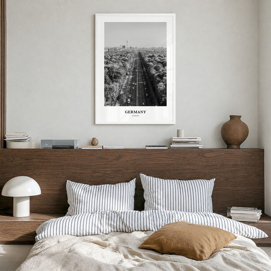 Germany Classic Poster in a white wood frame, hanging in a bedroom