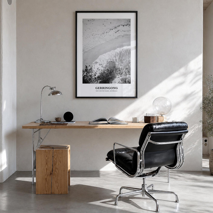 Gerringong black & white classic poster of Australia – vertical wall art in black wood frame, hanging on wall