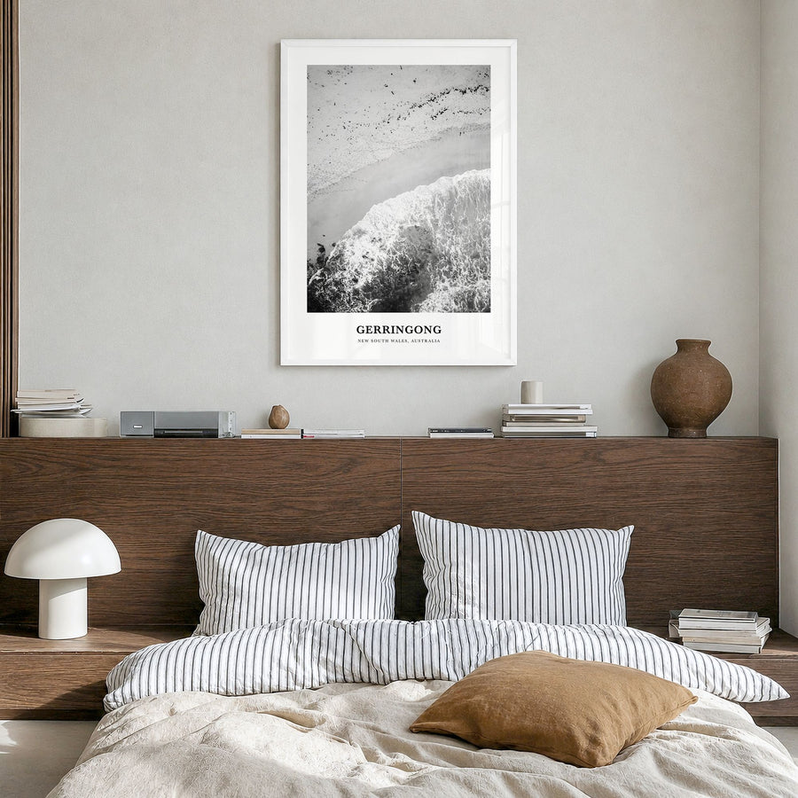 Gerringong Classic Poster in a white wood frame, hanging in a bedroom