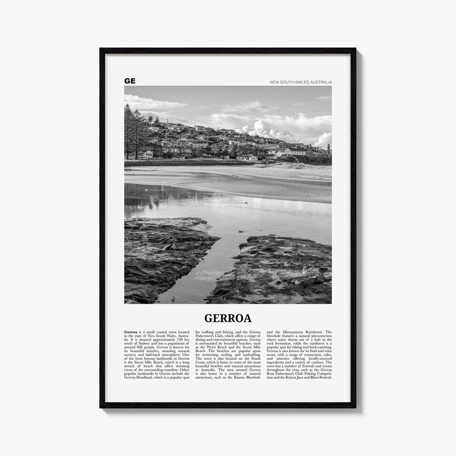 Gerroa black & white newspaper poster of Australia – vertical wall art, unframed print shown in interior mockup