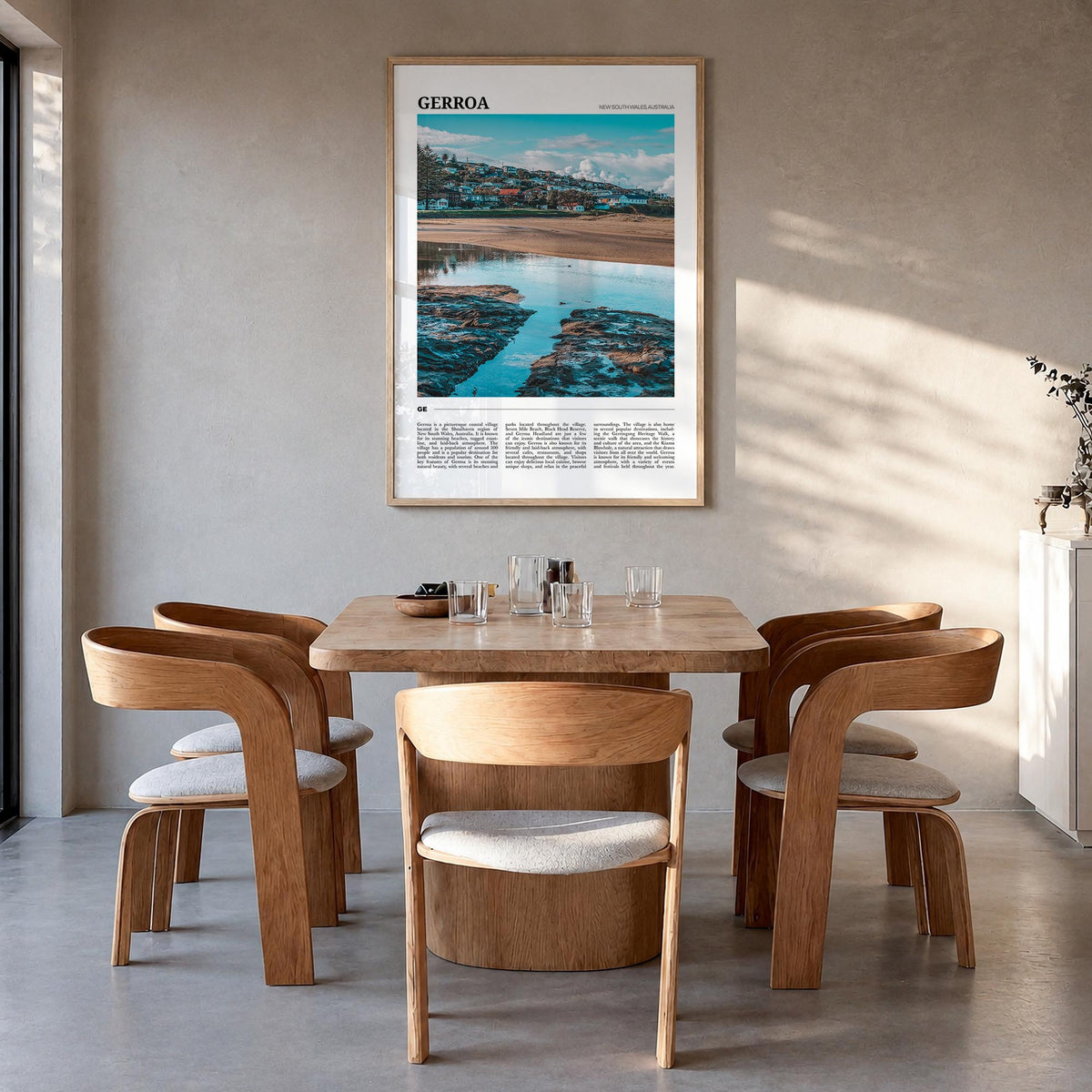 Gerroa colorful travel poster of Australia – vertical wall art in natural wood frame, hanging on wall