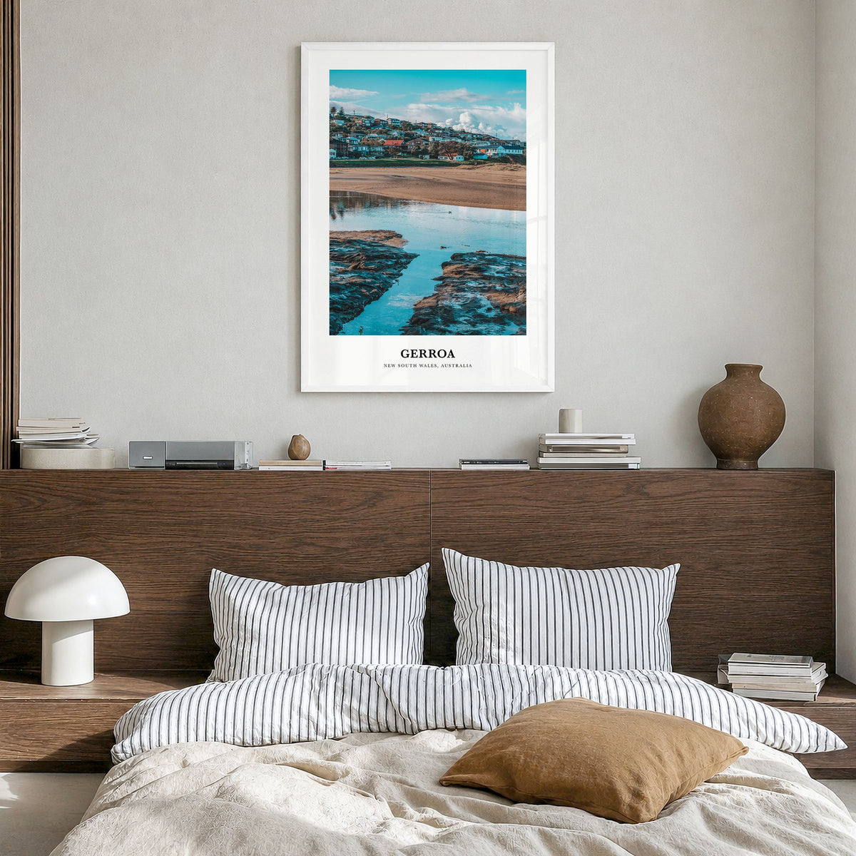 Gerroa Classic Poster in a white wood frame, hanging in a bedroom