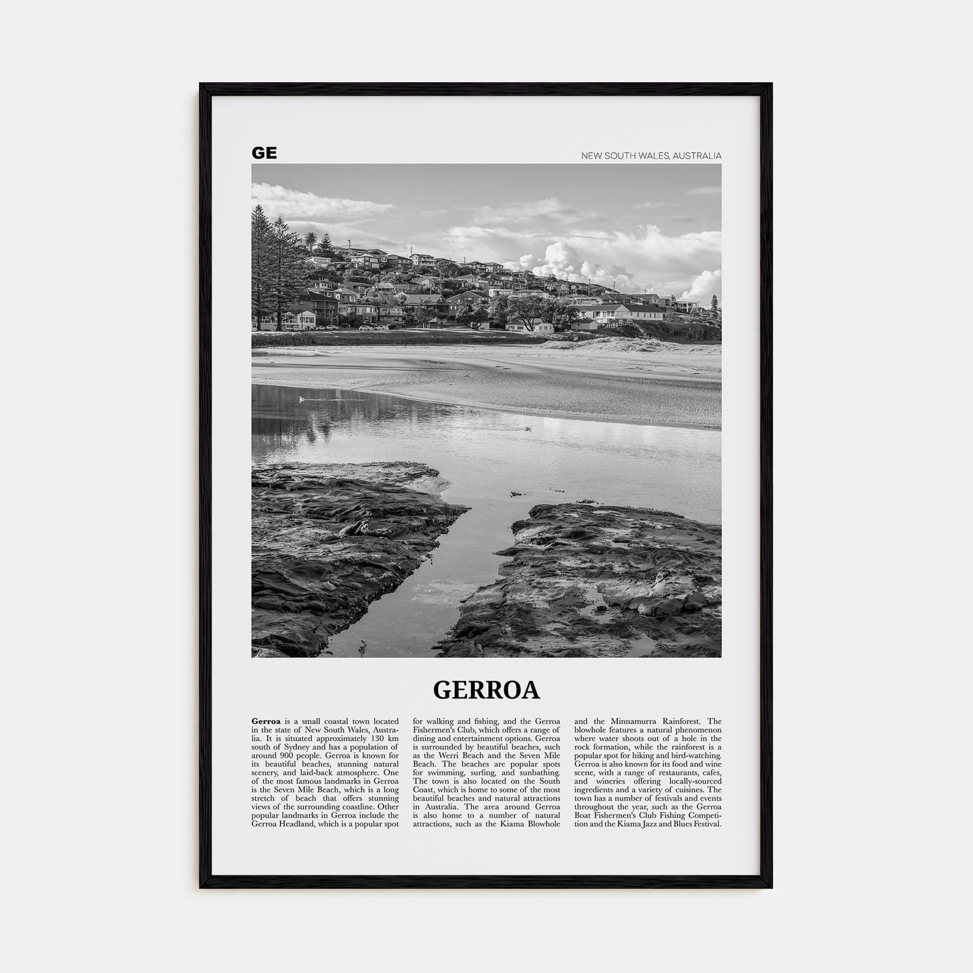 Gerroa Poster Black Wood / 8x12 in Nbourhood Travel B&W Poster