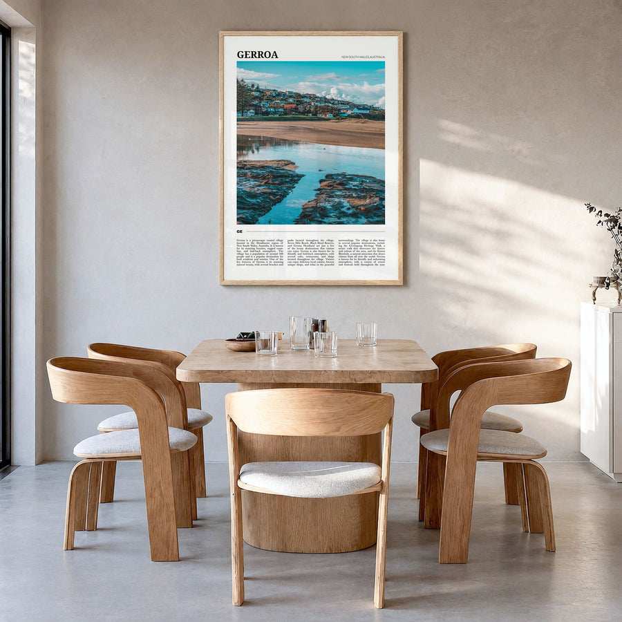Gerroa Travel Poster in a natural wood frame, hanging in a dining room